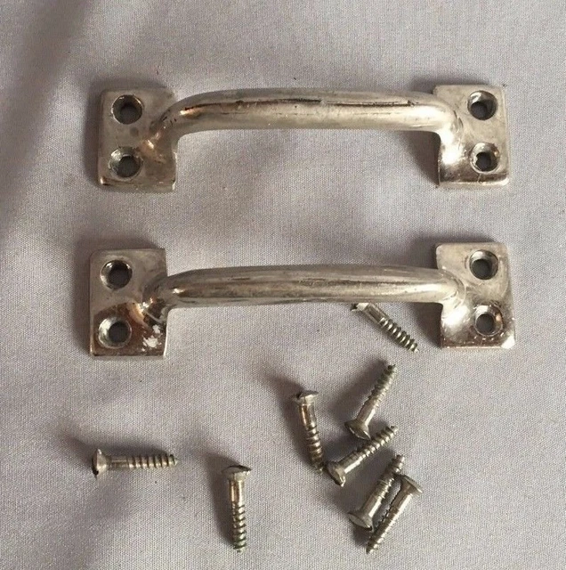 Pair Vtg Cabinet Cupboard  Drawer Pulls Old chrome Hardware Sash Handle 257-17J