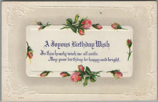 A Joyous Birthday Wish Embossed Frame Pink Roses Posted Moberly MO 1915