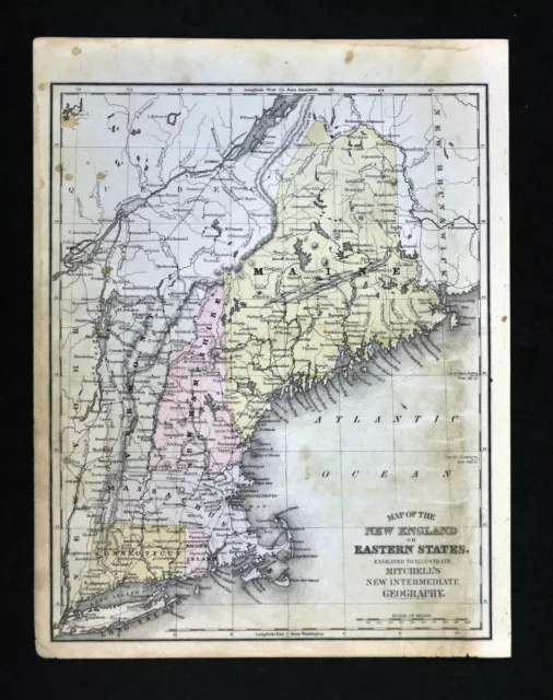 1888 Mitchell Map United States New England Massachusetts Maine Connecticut