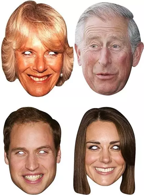 Royal Family 4Pcs Celebrity Face Masks King Charles Fancy Dress Royal Party