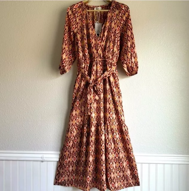 Lucky Brand Boho Maxi Dress Cinched Waist Geometric Print V Neck 3/4 Sleeve Sz M