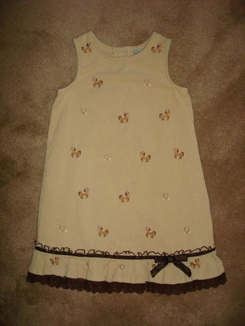 Girls Brown Corduroy Jumper/Dress Embroidered Brown Horses/Horse Shoes Size 6