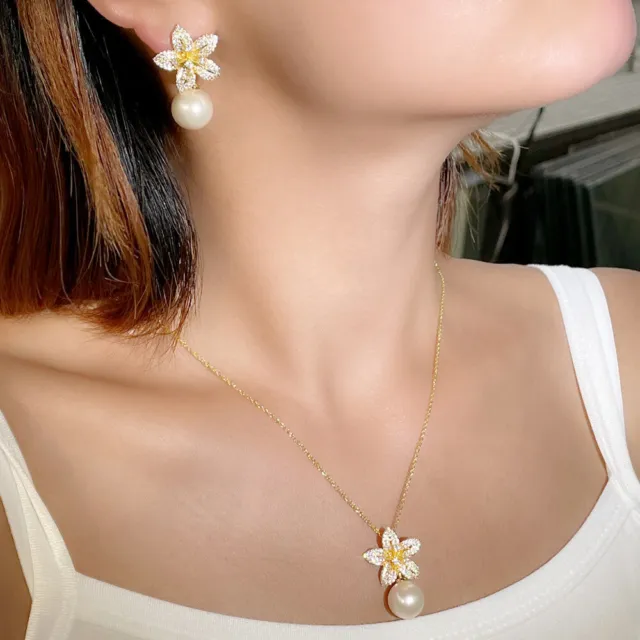 Korean Style Gold Plated Flower Earrings and Necklace Zirconia Pearl Jewelry Set
