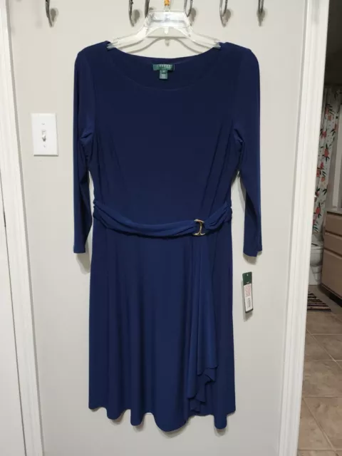 NWT Womens Ralph Lauren Boat Neck Stretchy Draped Dress Belted Sapphire Blue 16