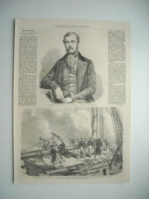Gravure 1860. M. Thouvenel, Ministre Affaires Etrangeres. Cochinchine La Dunette