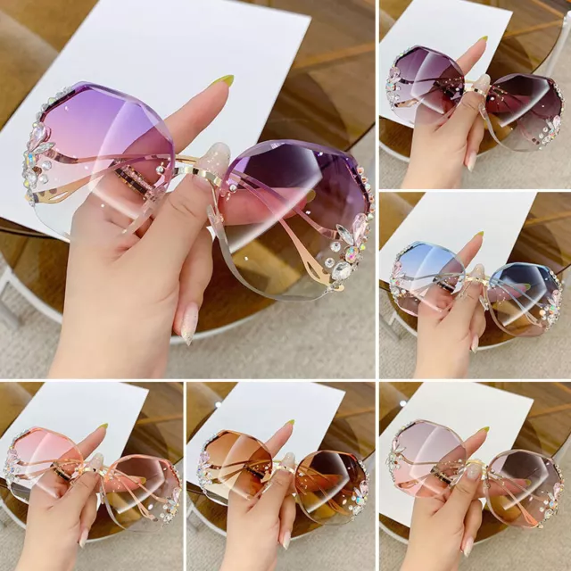 Mujer Grande Estrás Gafas de Sol Lujo Diamante Gradual Metal sin Montura To <