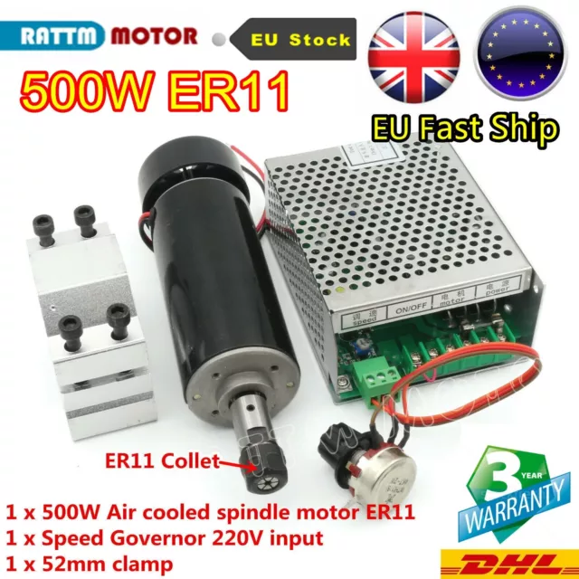 『EU』500W CNC Air Cooled Spindle Motor ER11 12000RPM+ Speed Controller+52MM Clamp