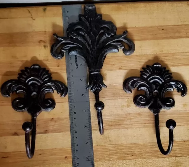 Set of 3 Cast Iron Clothes Hook Coat Decorative Wall Hooks 6" & 8-3/4"