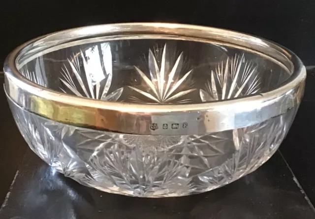 Vintage Hallmarked 1930 Silver Rimmed Barker Brothers Cut Glass Fruit Bowl