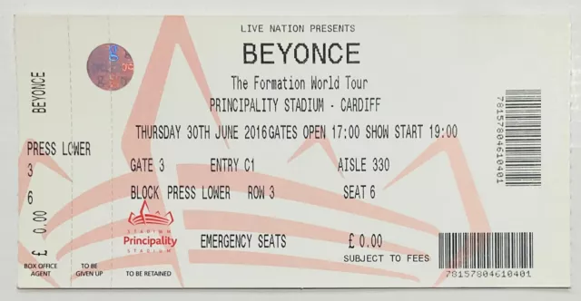 Beyonce Original Unsed Concert Ticket Principality Stadium Cardiff 30th Jun 2016