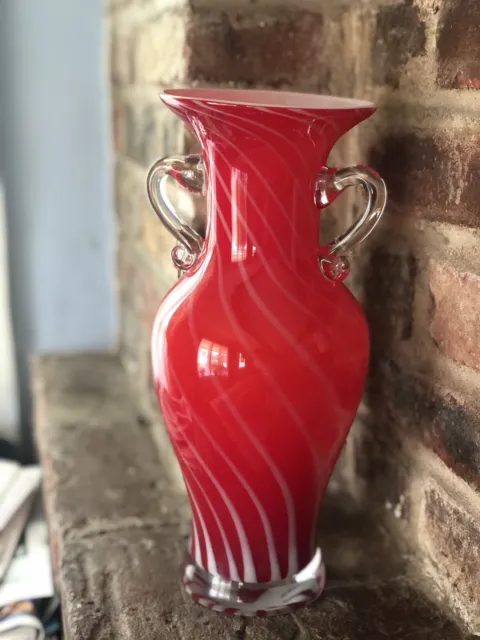 Red Hand Blown Murano Glass Vase Cane Twist Large Greek Urn Style