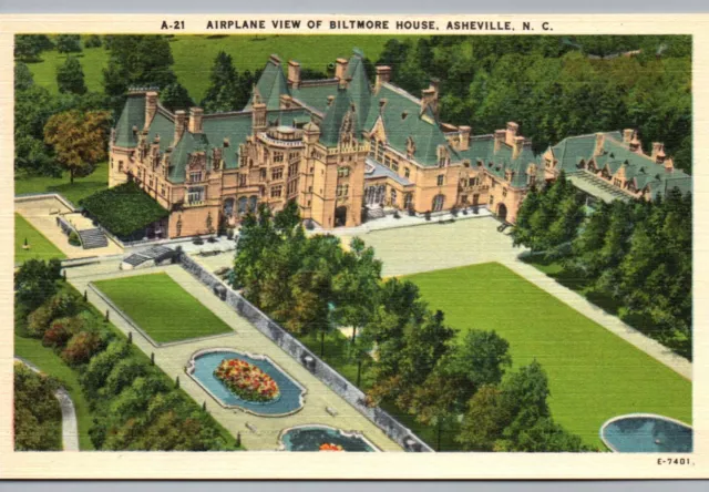 Asheville NC Postcard Biltmore Estate Airplane View House Garden Vintage Linen