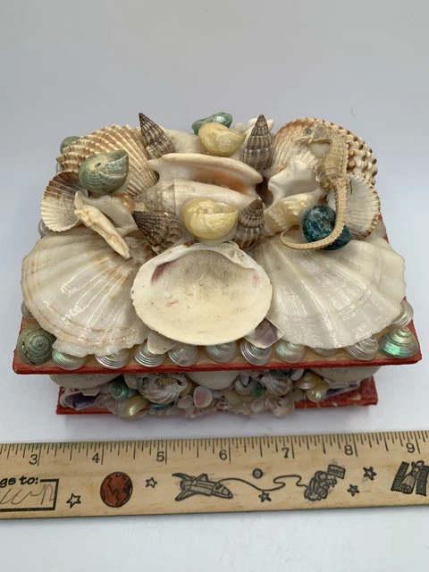 Vintage Folk Art Seashell Trinket Jewelry Box Nautical Beach House Decor