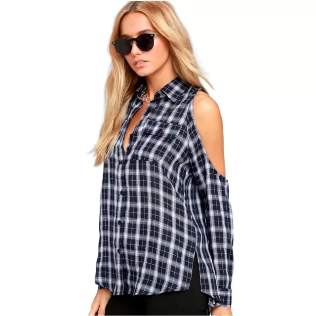 LULUS WOMEN'S NAVY To the Beat Plaid Open Shoulder Flannel Shirt Size ...