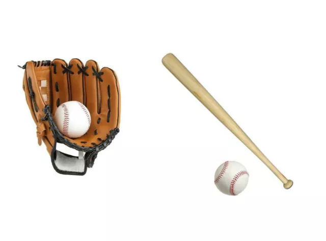 Heavy Duty Wooden Baseball Bat Ball and Gloves Outdoor Sports Fun Set 24" Size