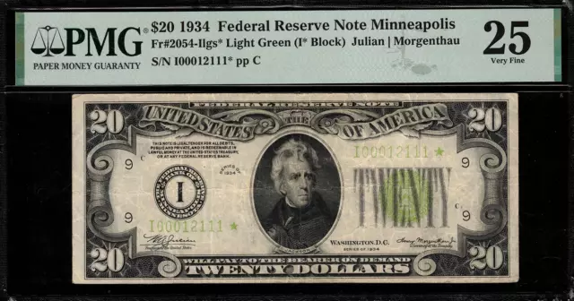 1934 $20 FRN Minneapolis FR.2054-I* - Light Green Seal - STAR NOTE - PMG 25