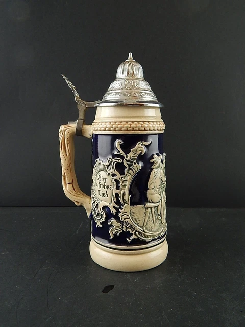 Antico Collezione Boccale Birra Ceramica Bavarese Coperchio Peltro