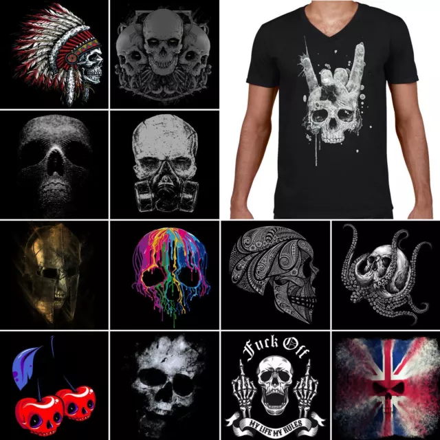 Skull V-Neck T-Shirt Mens Biker Tattoo Tribal Viking Grim Reaper Gym Rock n Roll
