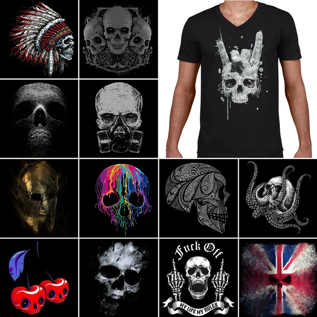 Teschio Scollo A V T-Shirt Uomo Biker Tatuaggio Tribale Viking Grim Reaper Gym