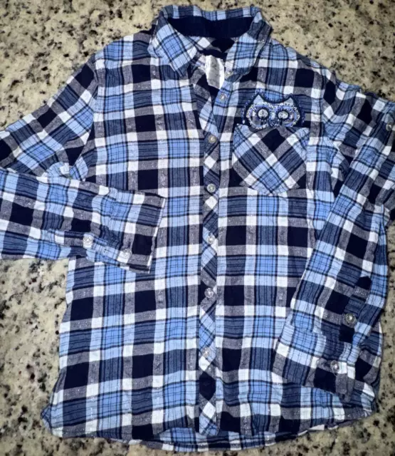 Girls Size 10 Justice Blue & White Plaid Long Sleeve Button Up Top / Shirt ~Cute