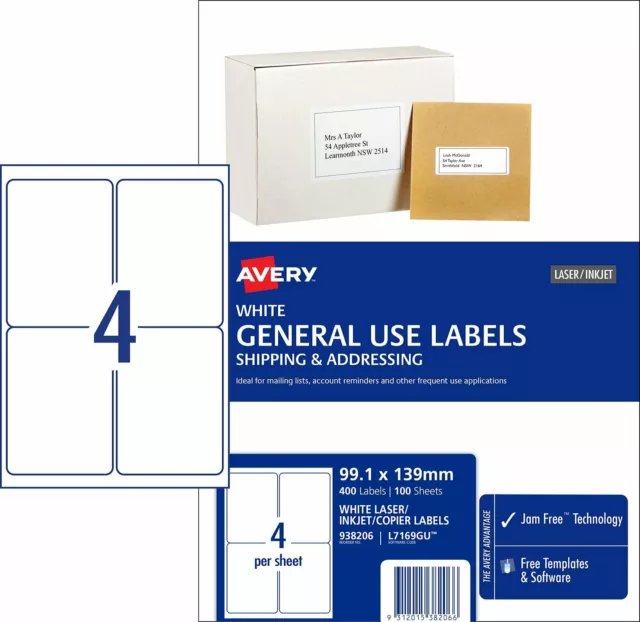 WHITE Avery Inkjet Copier Laser Labels L7169GU 4/Sheet 100 Sheets 938206