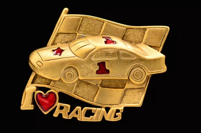 Danecraft Vintage Pin Brooch Brushed Gold I Love Racing Car NOS Signed 80s BinA4