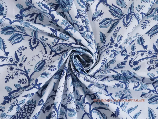 2.7m Indien Main Bloc Coton Imprimé Voile Course Tissu Artisanat Blanc Bleu