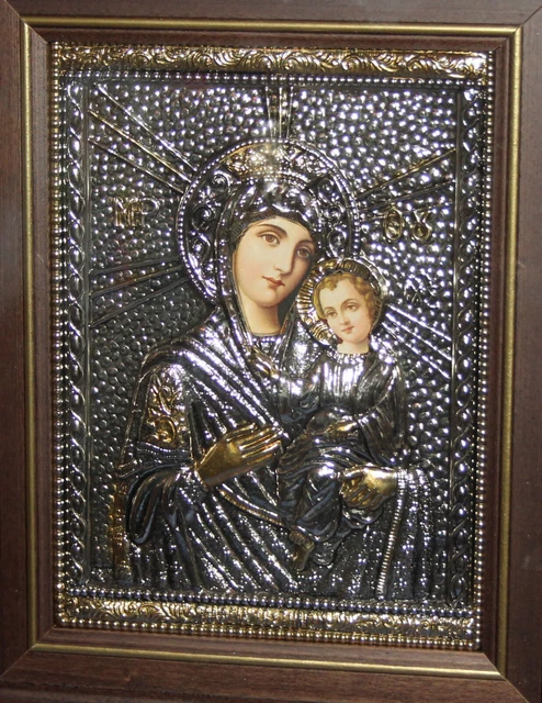 Icona Vergine Maria Gesù Cristo Bambino Greca Stampata Con Foglia Argento/Oro