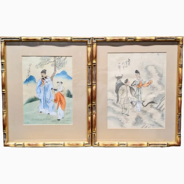 Excellent Pair Chinese Watercolours On Papyrus Gilt Bamboo Style Frames 25x35cm