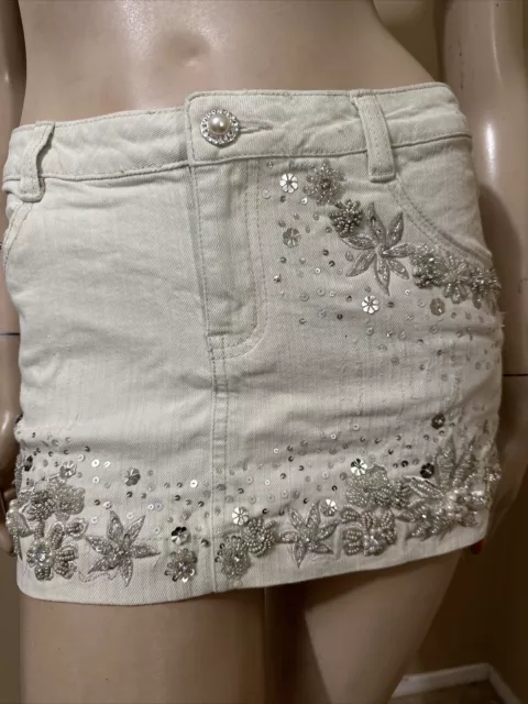 Women’s White Cotton Denim Casual Summer Stretch Beaded Zipper Mini Size S Skirt