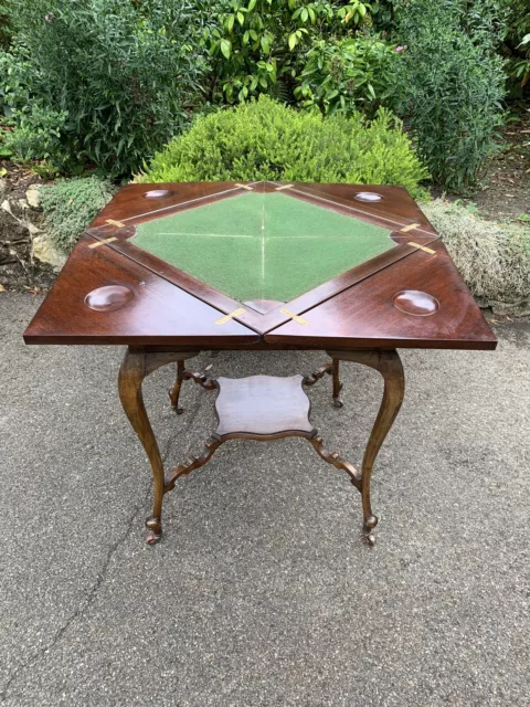 Late Victorian Mahogany Envelope Card Table - green beize, cups, china wheels