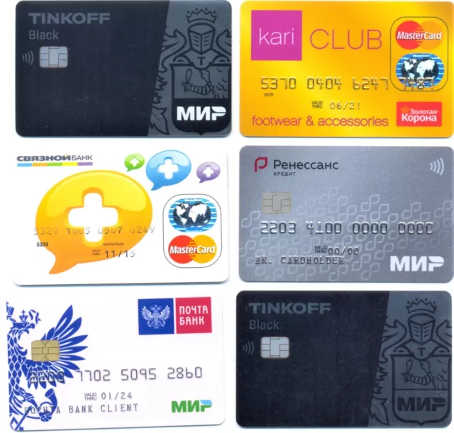 6 bank  credit chip CARDS CARTES only for collection VISA МИР TINKOFF