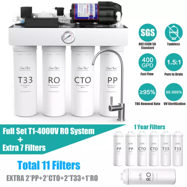 SimPure T1-400G 8 Stage UV Reverse Osmosis System Tankless Extra 7 Water Filters