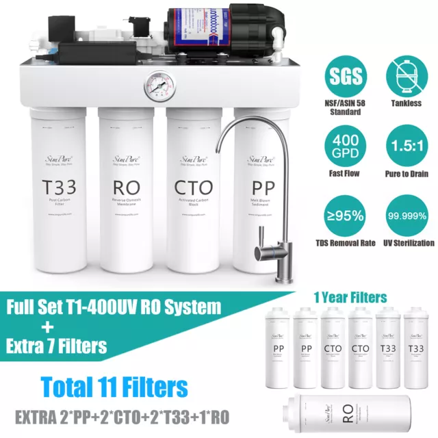 Sistema de ósmosis inversa UV SimPure T1-400G 8 etapas sin tanque 7 filtros de agua adicionales