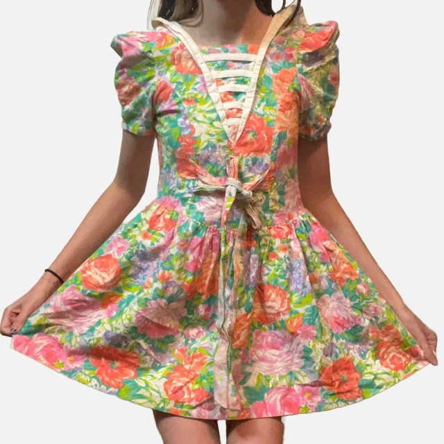 Vintage 80s Peach Soda by Great Escape Floral Girls Party Dress Peter Pan 14