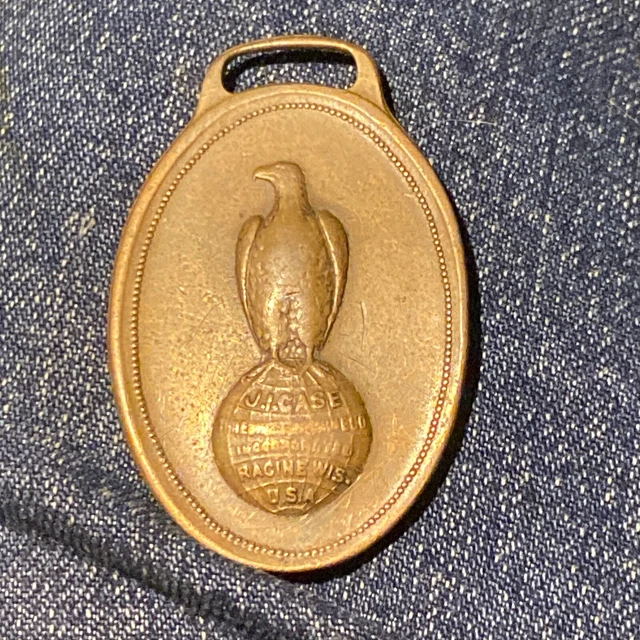 1920s J.I. Case Threshing Machine Watch Fob, Brass, Eagle on Globe, Racine Wisc