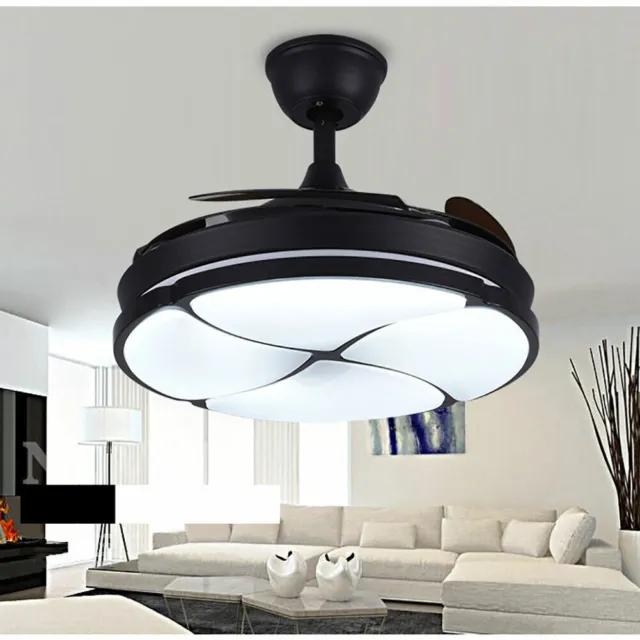 42" Black Ceiling Fan Light LED Chandelier Retractable Blades &Remote Control