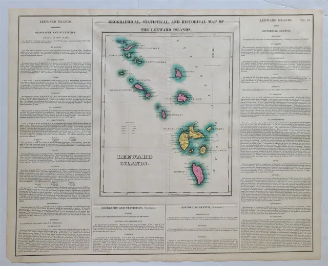 1822 MAP of LEEWARD ISLANDS GEOGRAPHICAL STATISTICAL HISTORICAL antique 17.5x22"