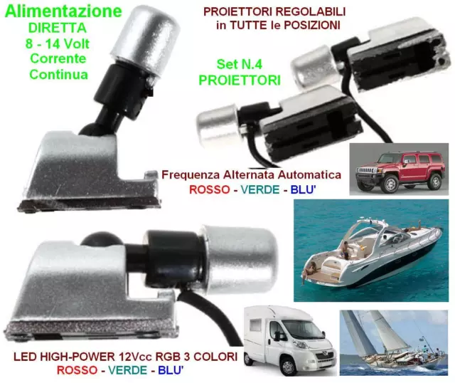 KIT N.4 FARETTO REGOLABILE con LED RGB a 3 COLORI AUTOMATICI 12V BARCA e CAMPER