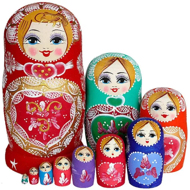 10PCS Russian Nesting Dolls Matryoshka Babushka Dolls Wooden Handmade Toy Gift ~