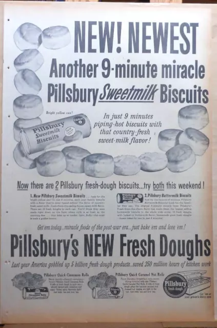 1956 full page newspaper ad for Pillsbury Sweetmilk Biscuits - ready in 9 min.