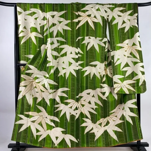Japanese Kimono Furisode Pure Silk Bamboo Grass Vertical Stripe Gold Paint Green