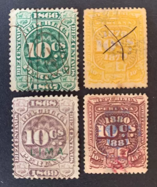 Peru - Collection of 4 different used Revenue/Fiscal Stamps 1866- 81