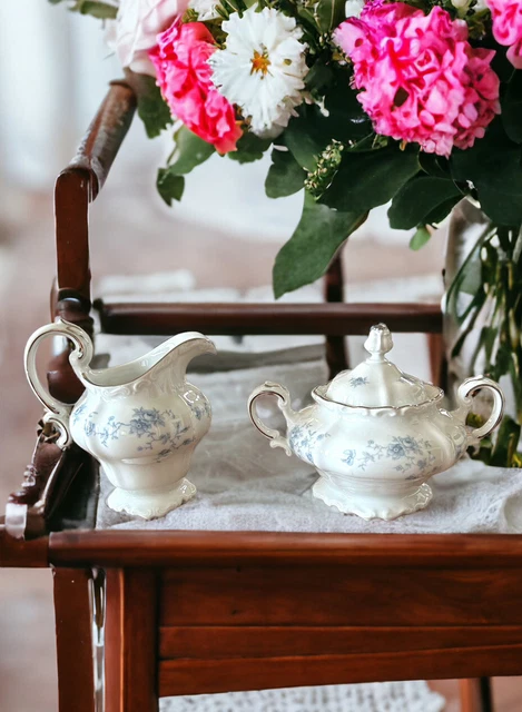 Creamer and Sugar Bowl With Lid, Haviland Bavaria Germany Blue Garland