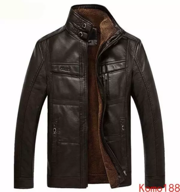 Mens Pu Leather Jacket Coats Outerwear Business Winter Warm Fur Lined Jackets