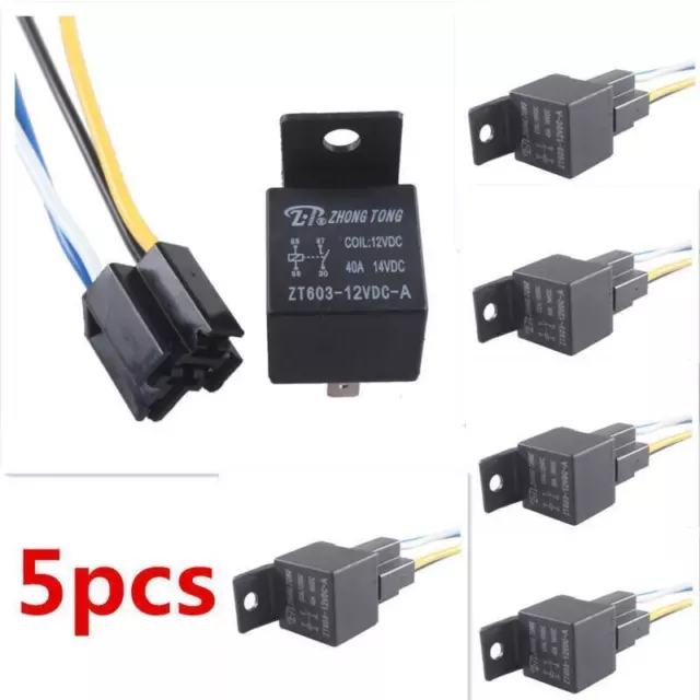 5 X 4 Pin 4P & Socket 4 Wire Car Truck Auto 12V 40A 40 AMP SPST Relay Relays