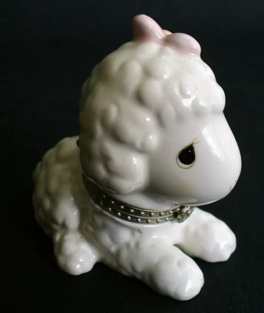 Vintage~PMI~2006~WHITE~Ceramic~BABY LAMB~Curly~PINK FLOWER~Trinket~HINGED~Box~EC