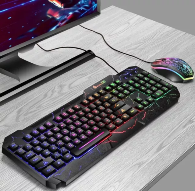 NEW Rainbow LED Gaming Keyboard and Mouse Set Multi-Colored Backlight Mouse