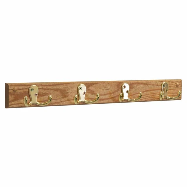 Wooden Mallet 4 Hook Wall Coat Rack Rail in Light Oak and Brass