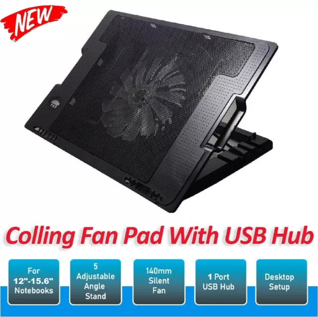 Laptop Cooling Pad Cooler Stand LED USB Port 1 Fans Metal For Fit 12"-15.6"Inch